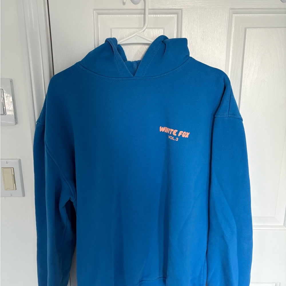 White Fox Boutique Blue Hoodie with Pink Logo